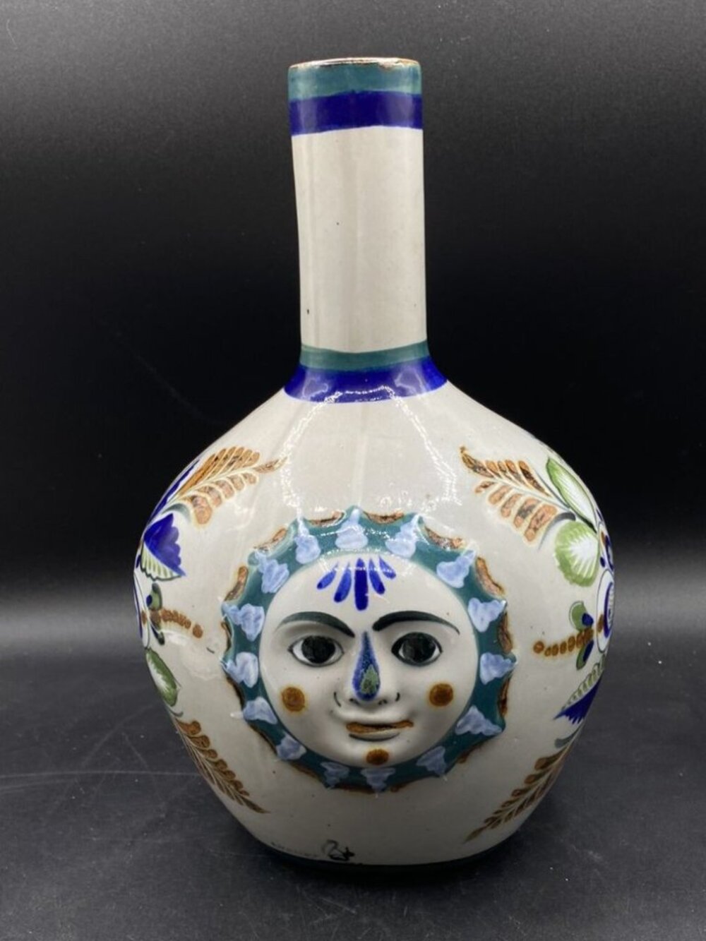 Erandi Tonala Tequila Tumble Up Folk Art Jug Sun Face Florals 11.5” Ceramic